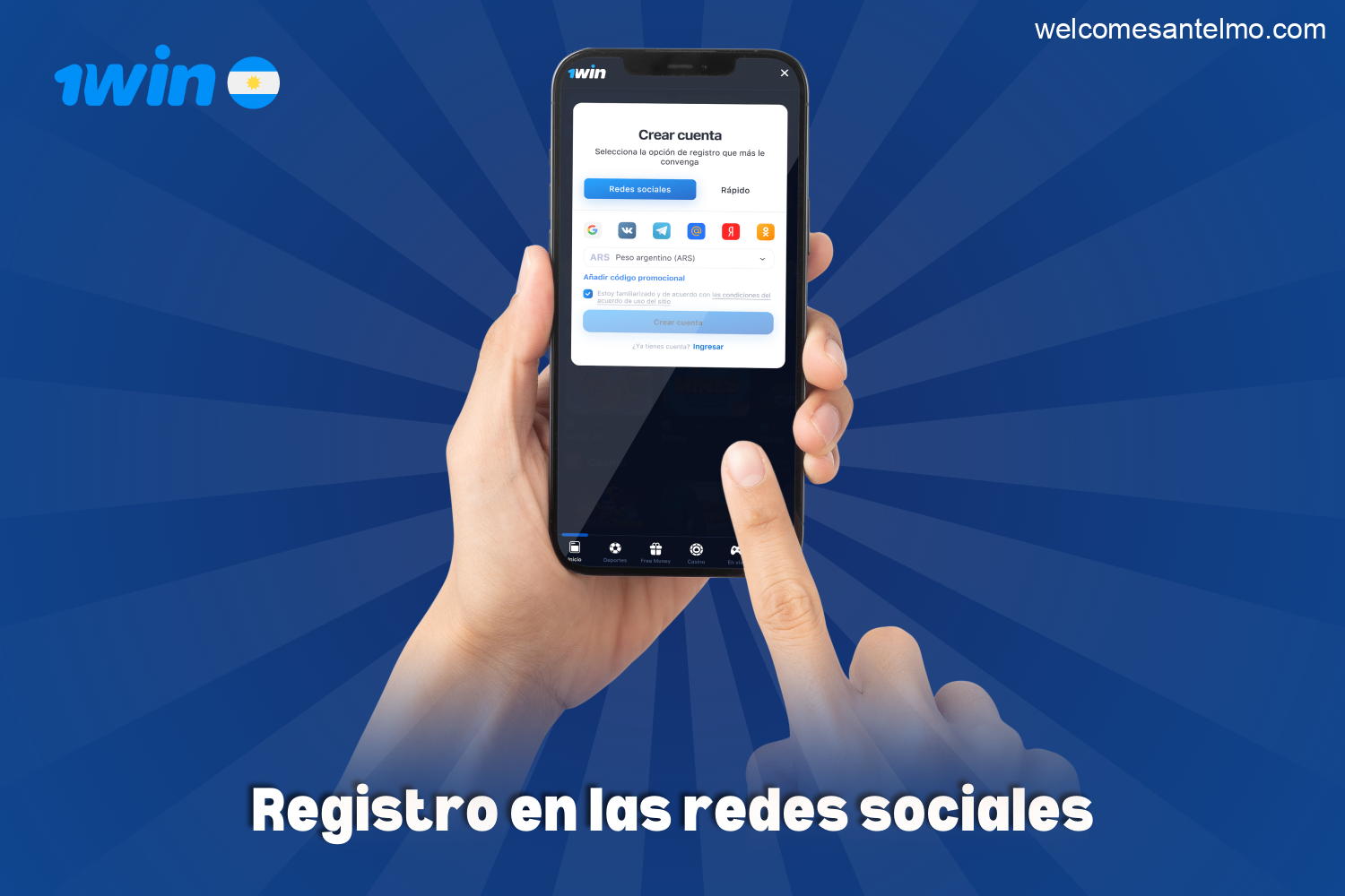 Los jugadores argentinos también pueden inscribirse en 1win a través de las redes sociales